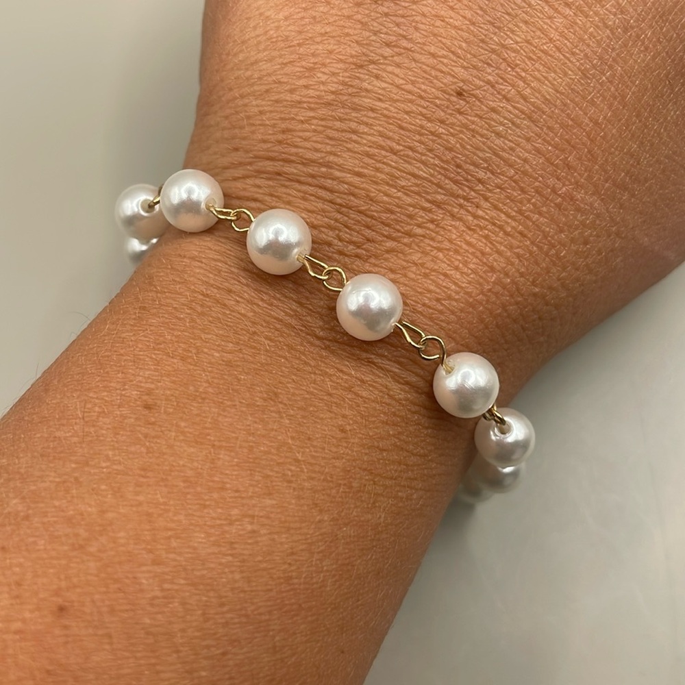 Vintage Gold Tone Faux Pearl Beaded Bangle Cuff Statement Bracelet